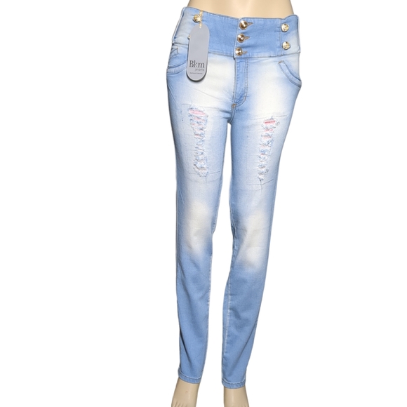 *NEW* Colombian Authentic High Rise Skinny Wash Distress Butt Lifter Blue Jeans - Picture 12 of 13